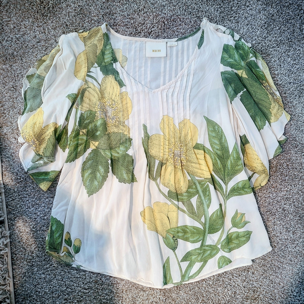 Maeve Green, Ivory, Cream, and Yellow Floral Blouse